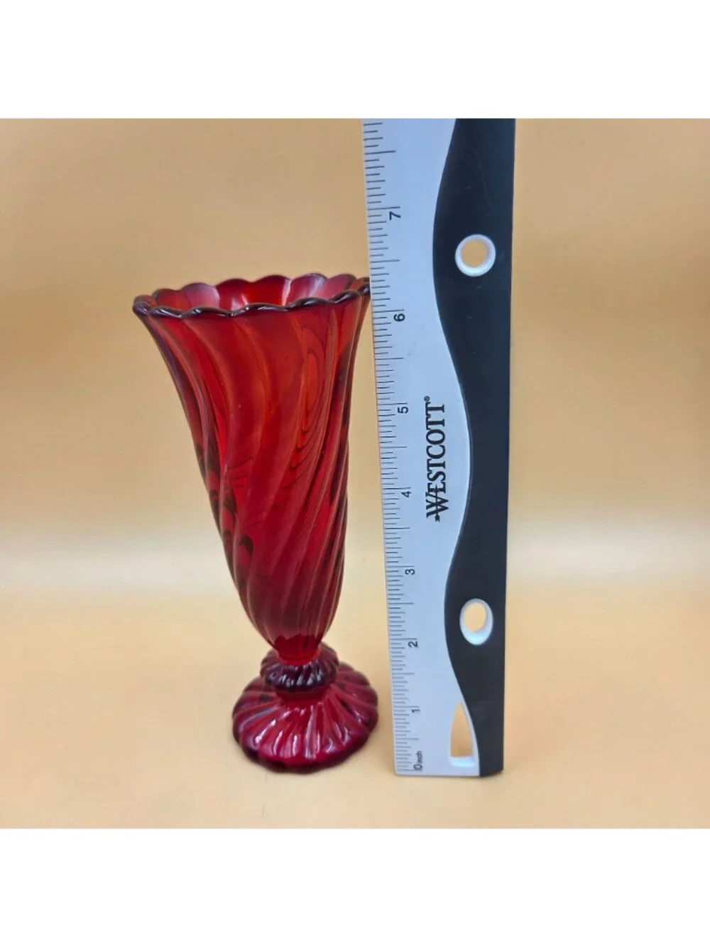Fostoria Maypole Ruby Red Glass 6 Inch Bud Vase Swirl Footed Vintage